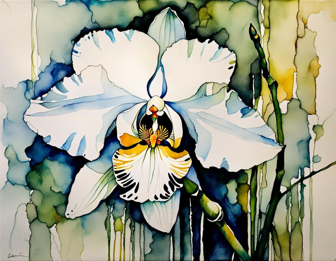 Ethereal White Orchid: Expressionist Watercolor and Ink