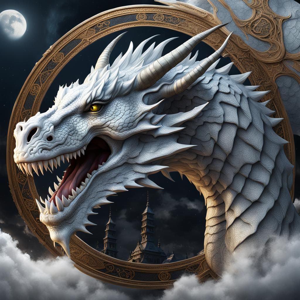 White Dragon Contemplates the Moon: Detailed Matte Painting