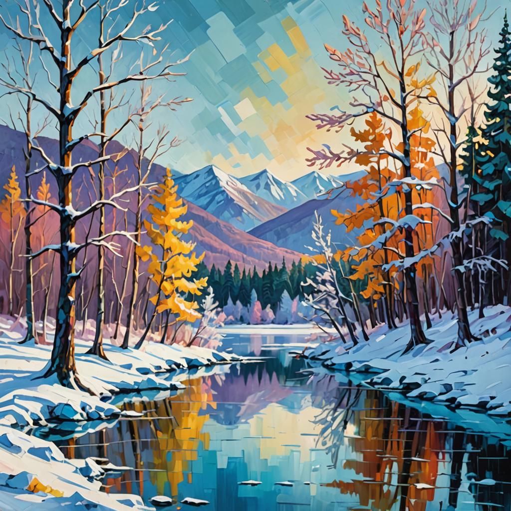 Expressionist Winter Landscape with Frozen Lake