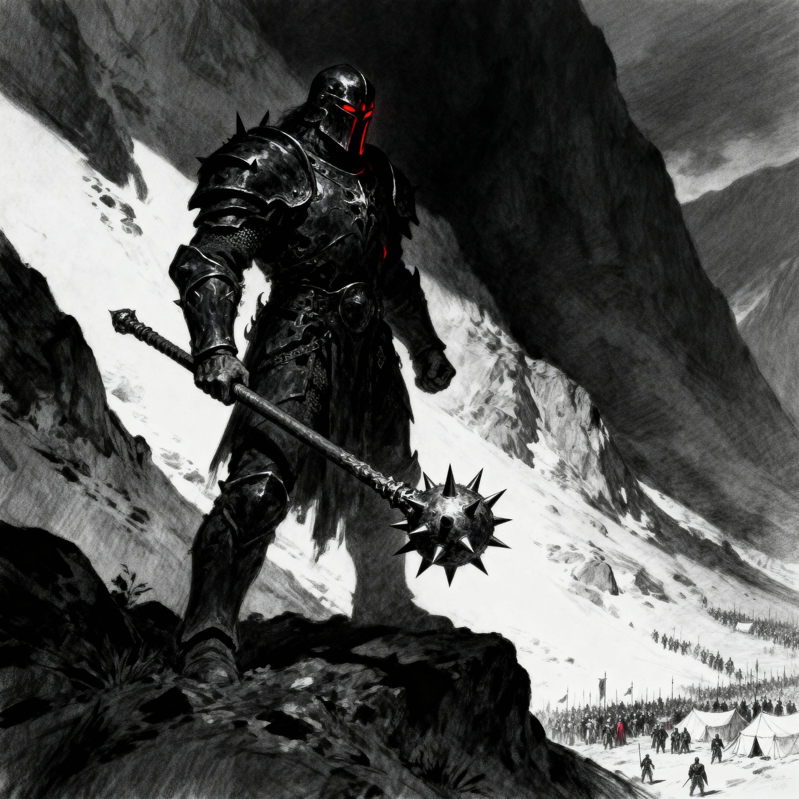 Colossal Warlord in Black Armor Ready for Battle