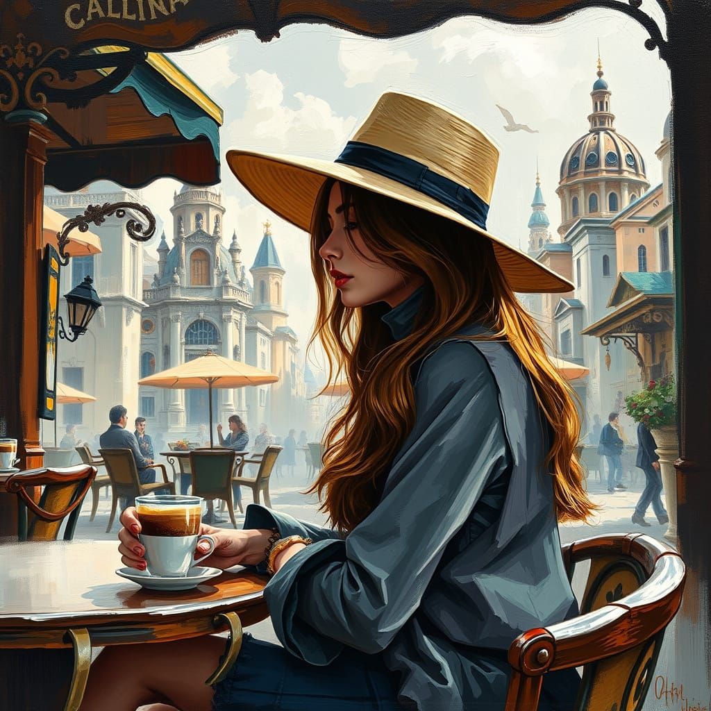 A highly detailed oil painting in the style of Natalia Bonilla, featuring thick,. The scene shows a woman sitting at a c...