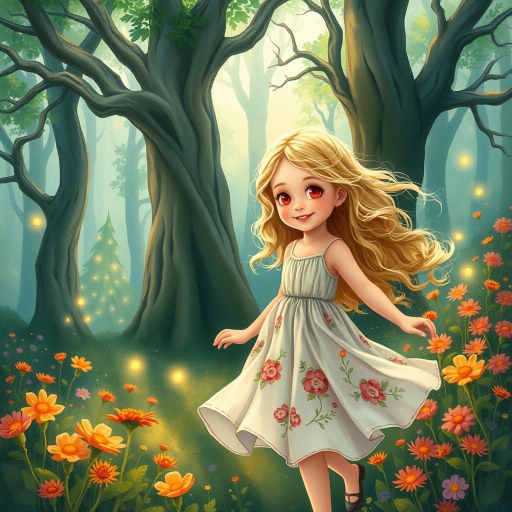 Magical Forest Maiden with Ruby Eyes and Sun-Kissed Hair