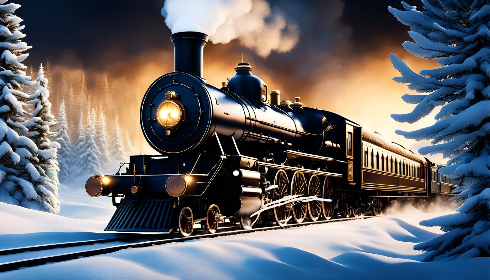 Steampunk Orient Express Train in Snowy Winter Night