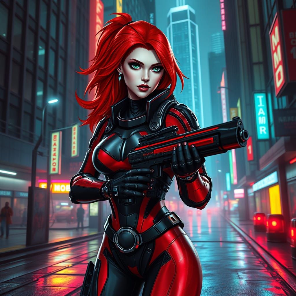 Cyberpunk Combat Gynoid in Neon-Lit Dystopia