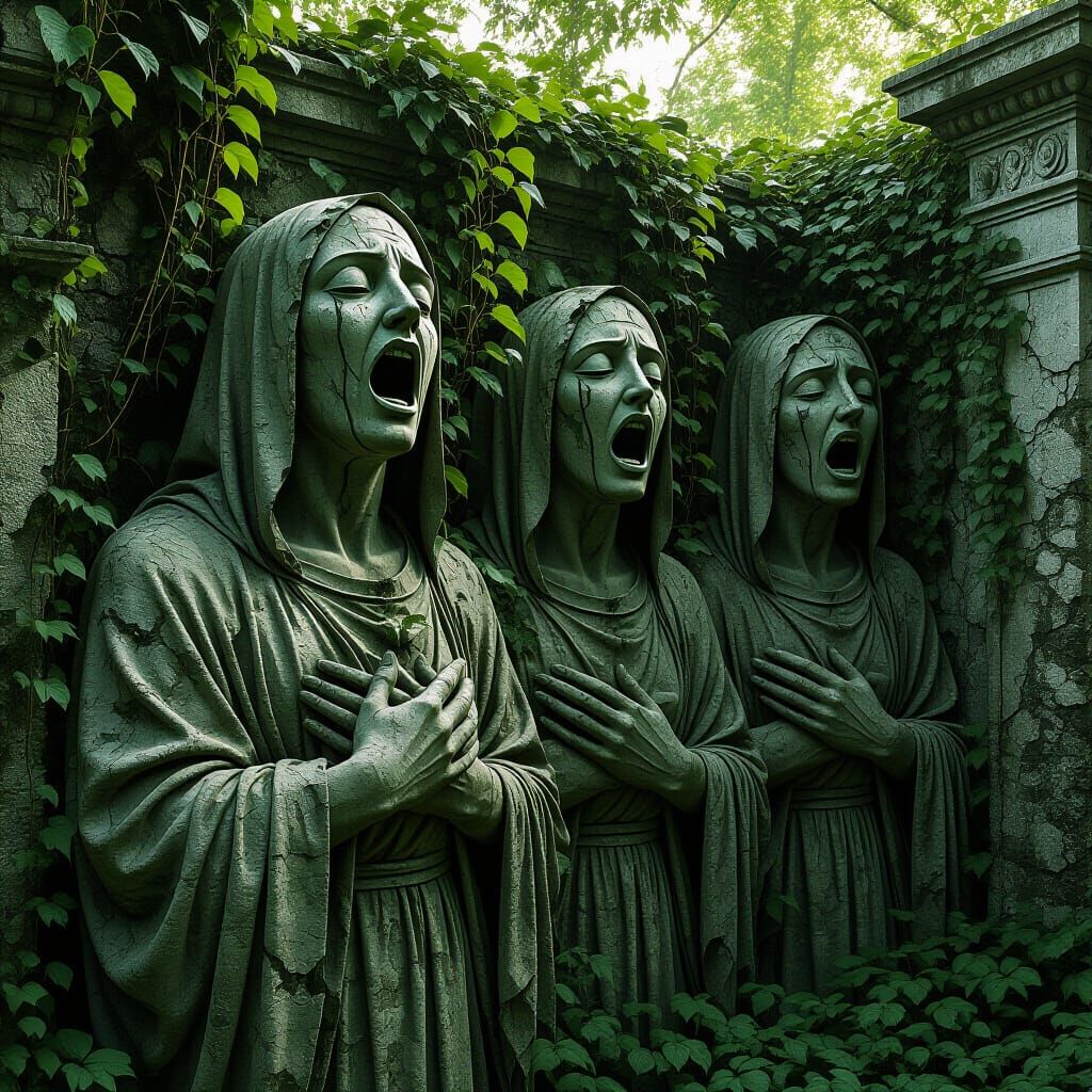 Screaming Stone Statues in Overgrown Garden