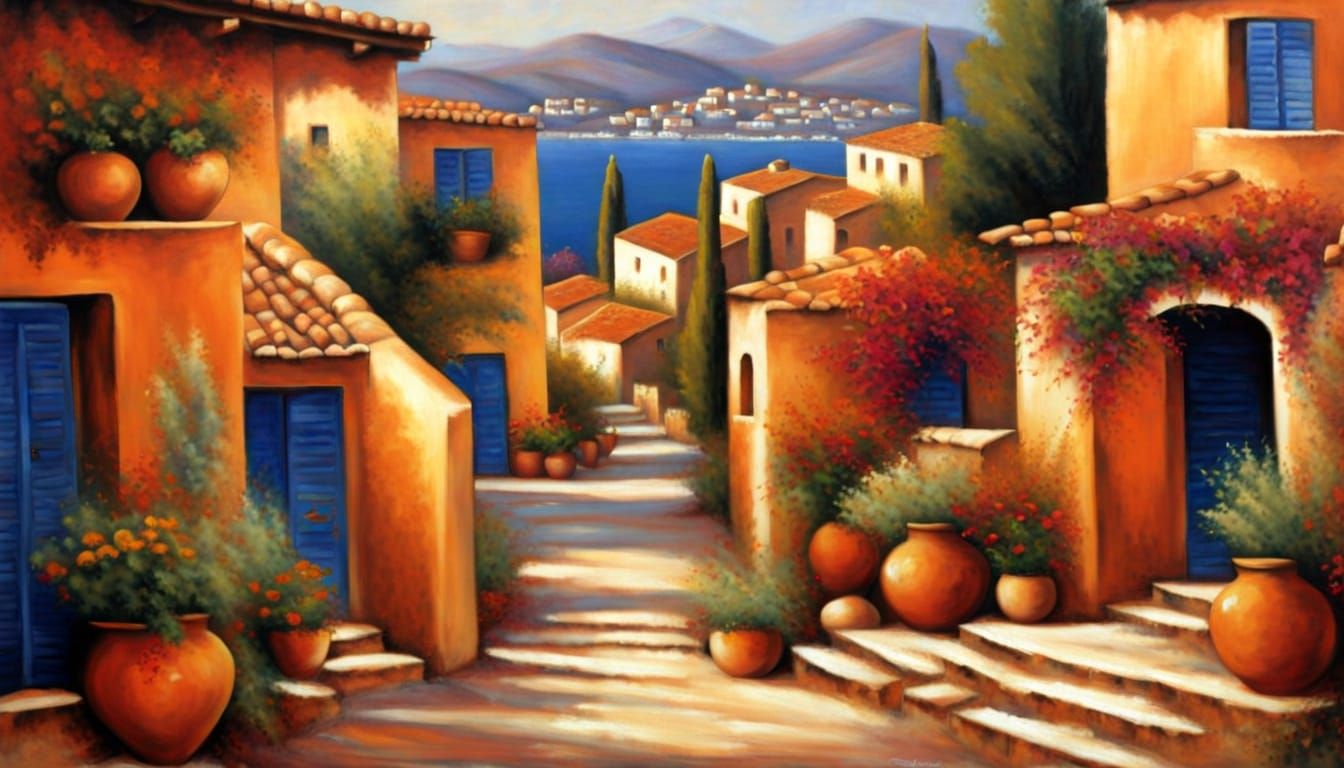 Oil Painting of a Charming Mediterranean Terracotta Town