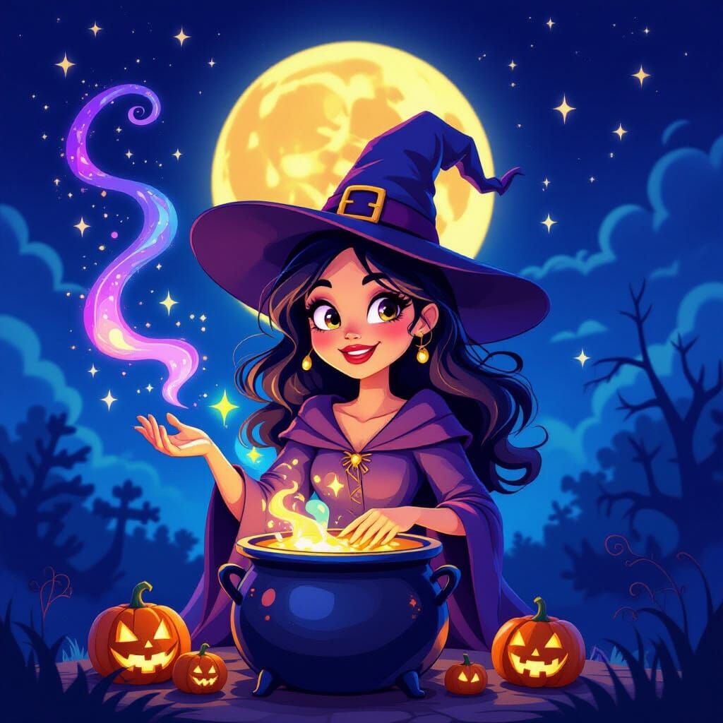 Cheerful Witch Brews Potion Under Cosmic Full Moon