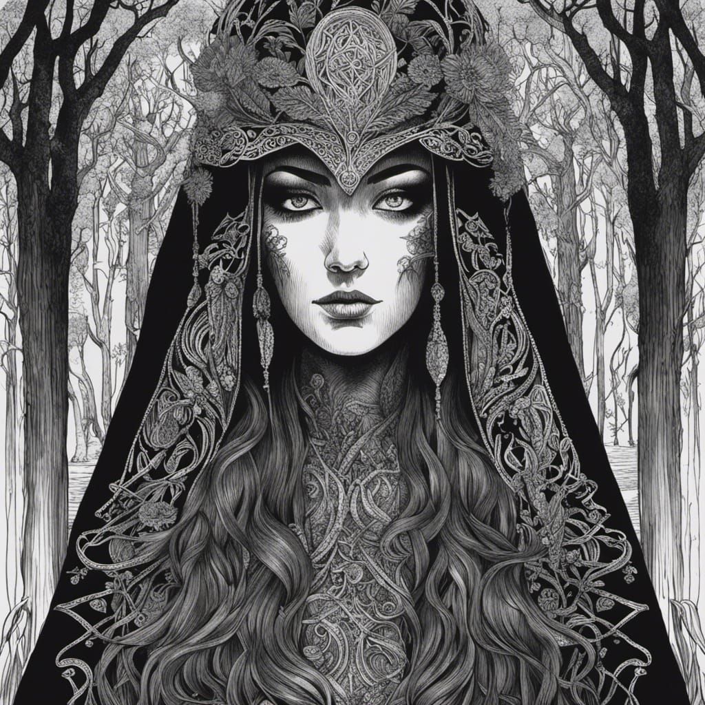 Eerie Celtic Woman in Forest: Black and White Ink Drawing