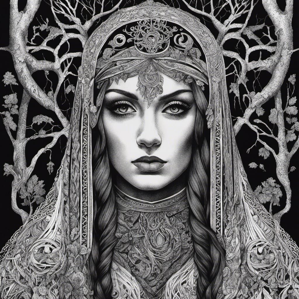 Eerie Celtic Woman Portrait in Black and White Ink