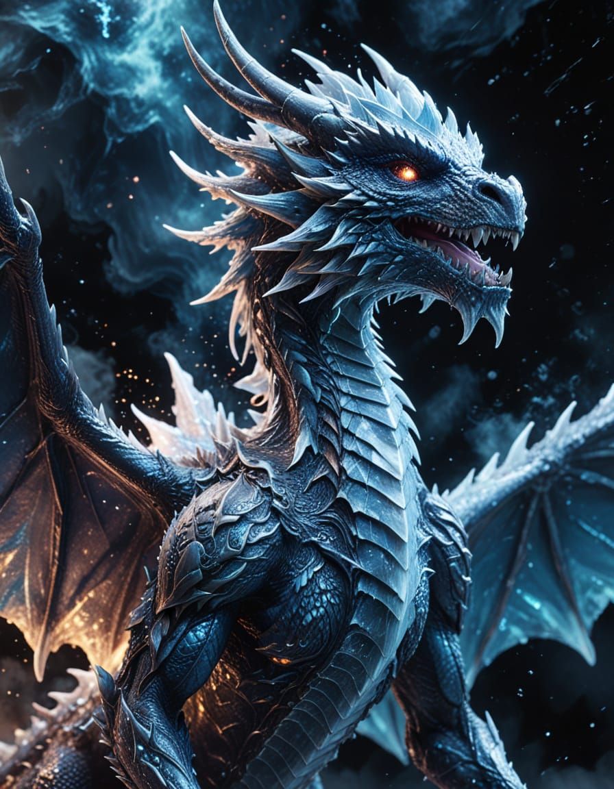 Celestial Ice Dragon Soaring Through Nebula in Manga Style