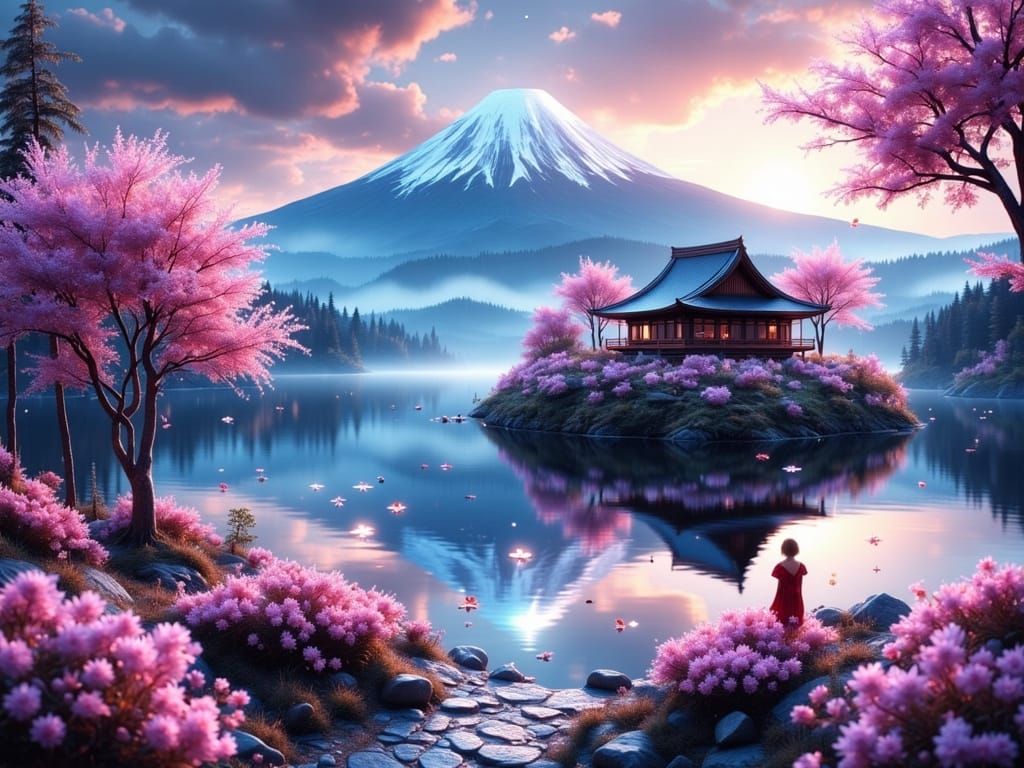 Floating Island Temple with Sakura Trees