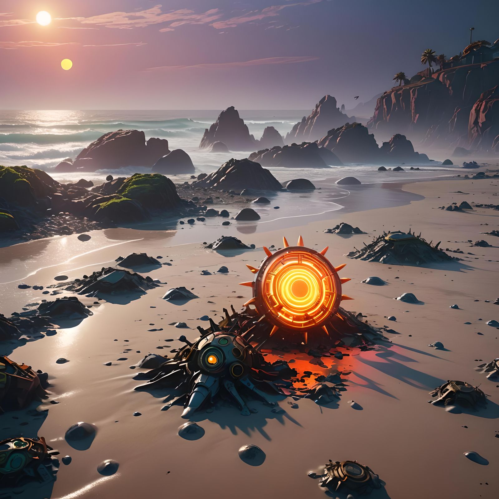 Psychedelic Sun Over Wild Beach in Surreal 3D