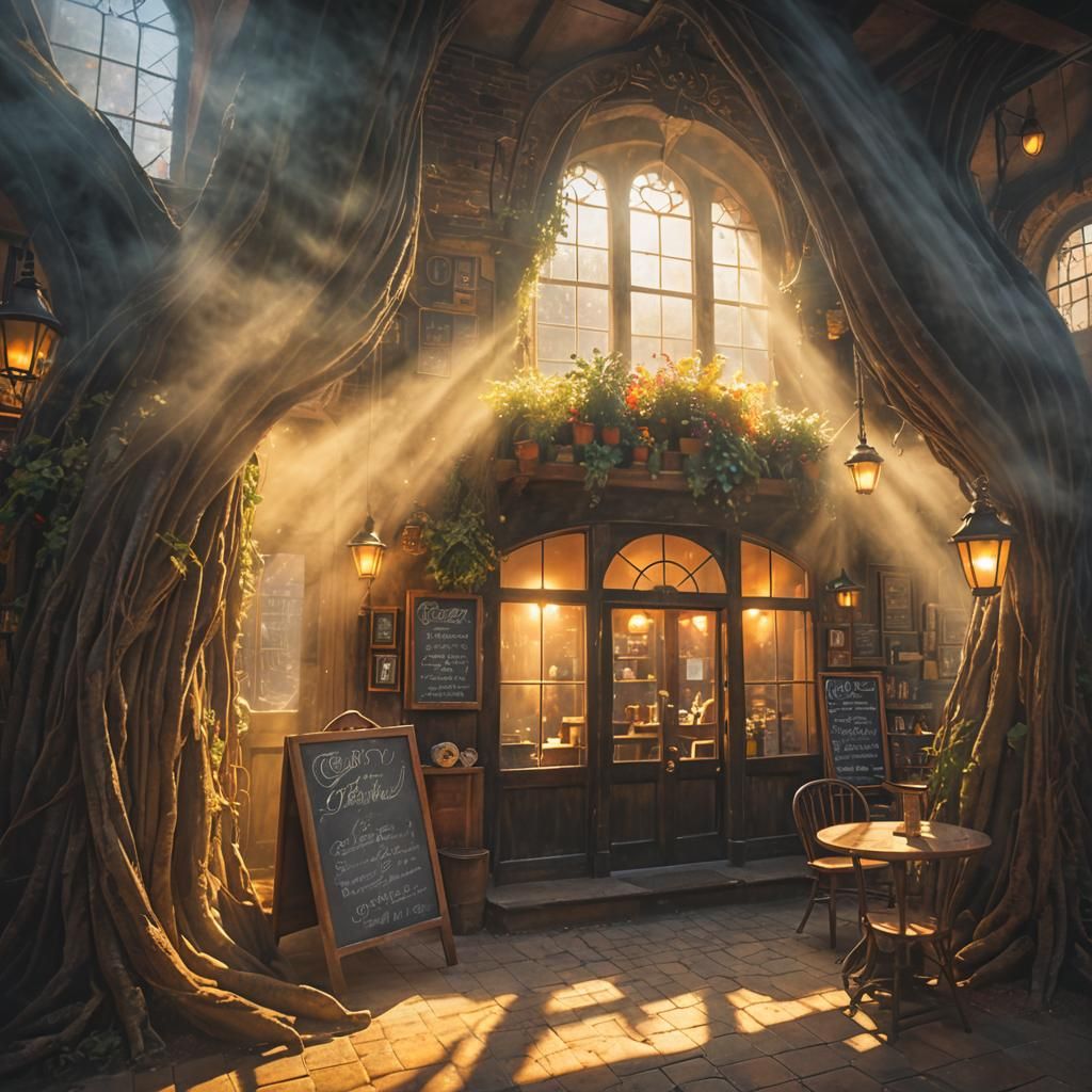 Dreamy Coffee Shop Amidst Heavenly Mist