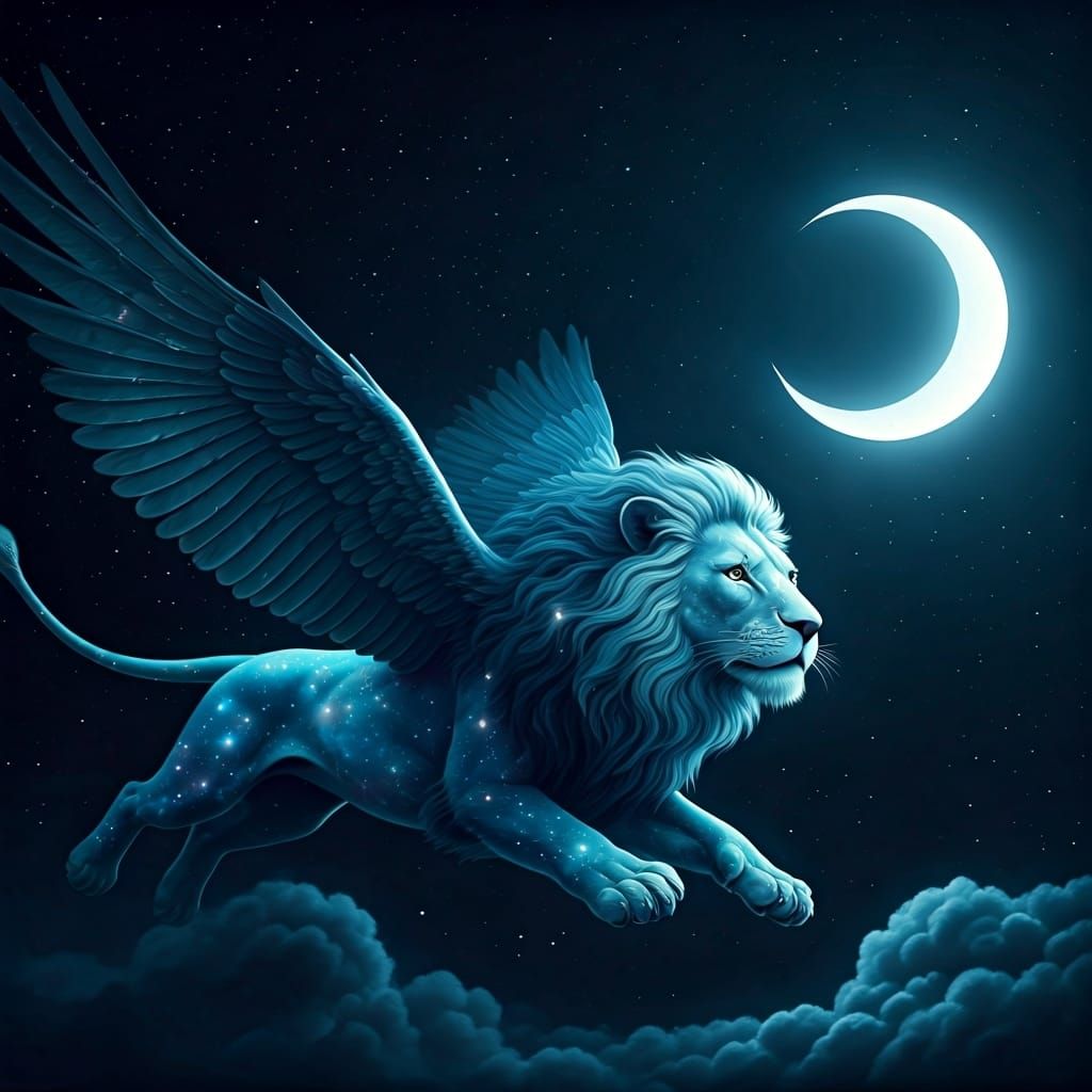 Winged Lion Soaring in Ghibli-Inspired Cosmic Art