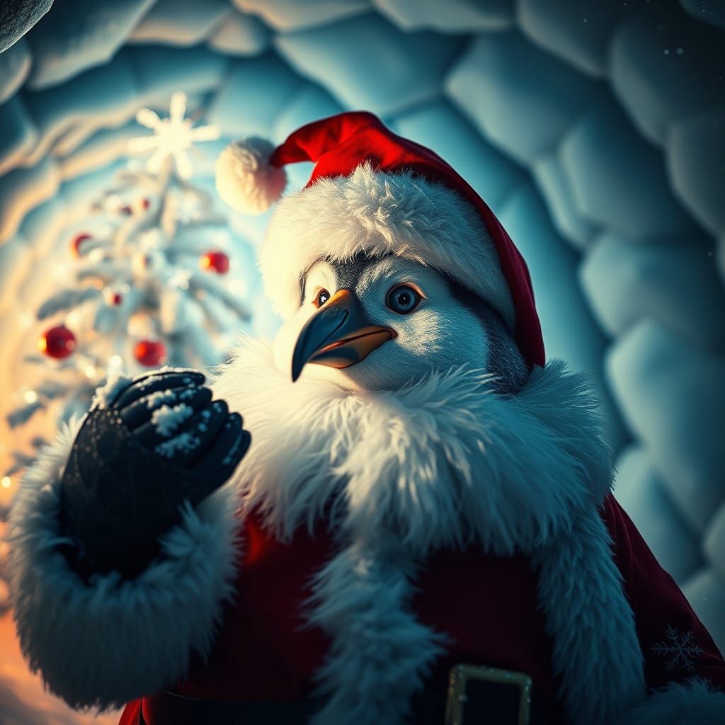 Surreal Penguin Santa in Magical Winter Wonderland