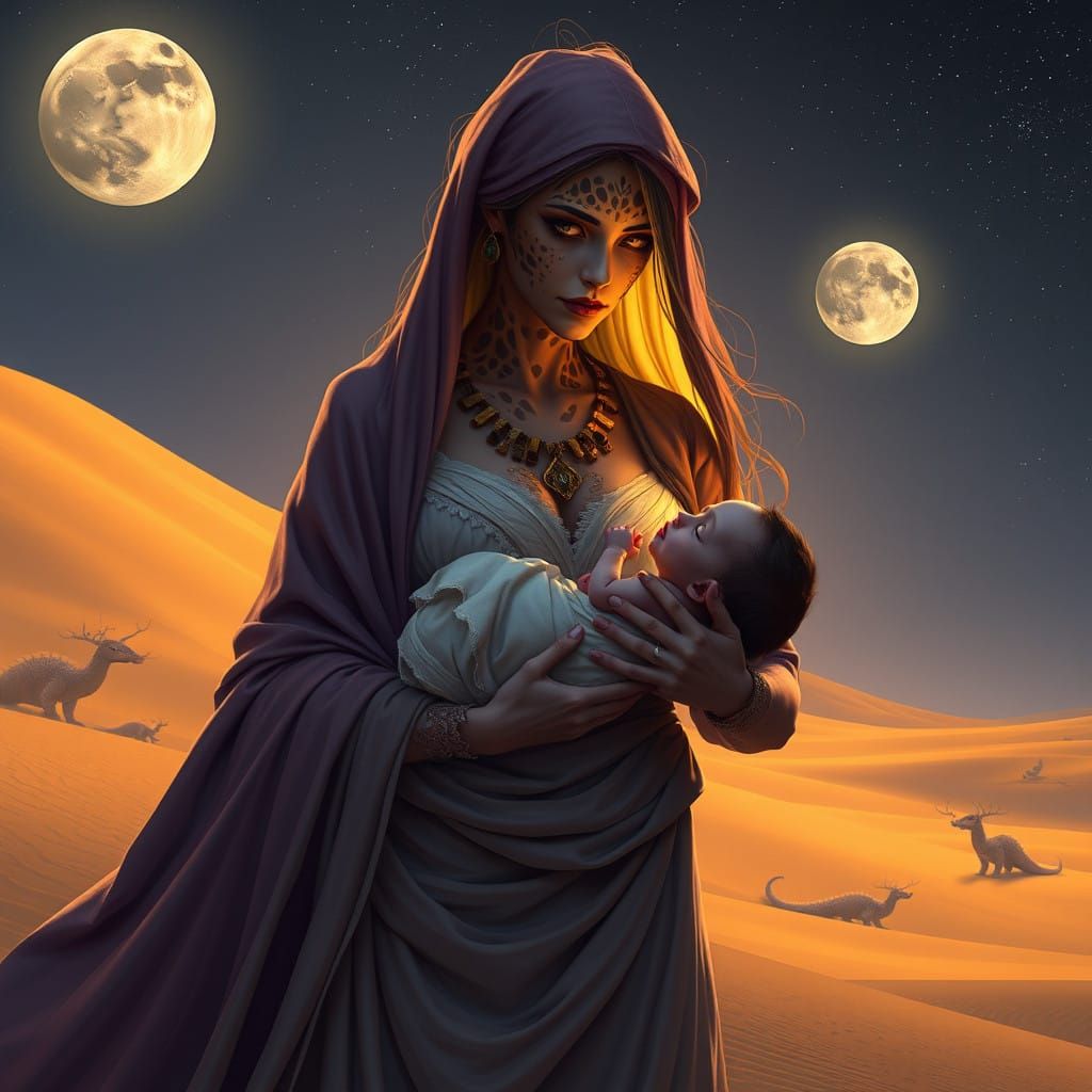 Mystical Goddess Cradles Infant in Desert Oasis
