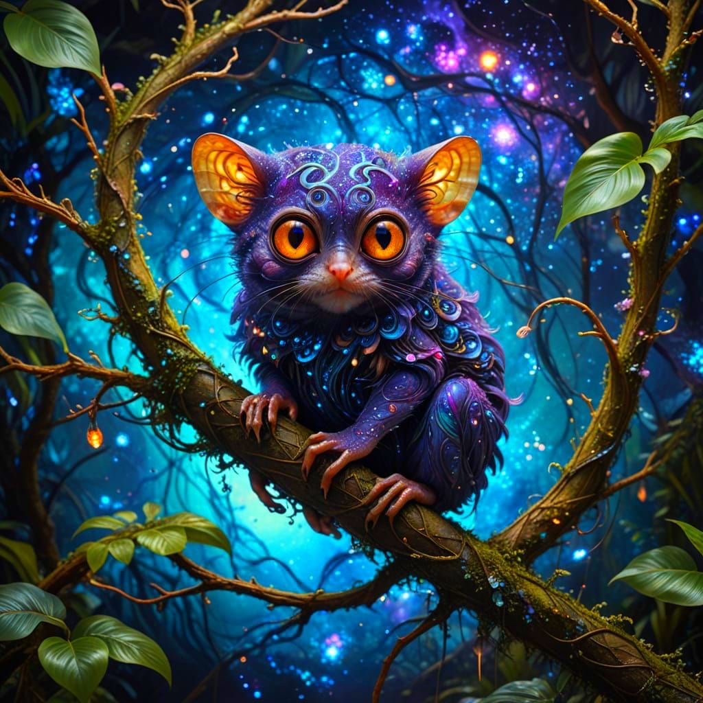 Cosmic Dreamweaver Tarsier in Surreal Jungle Landscape