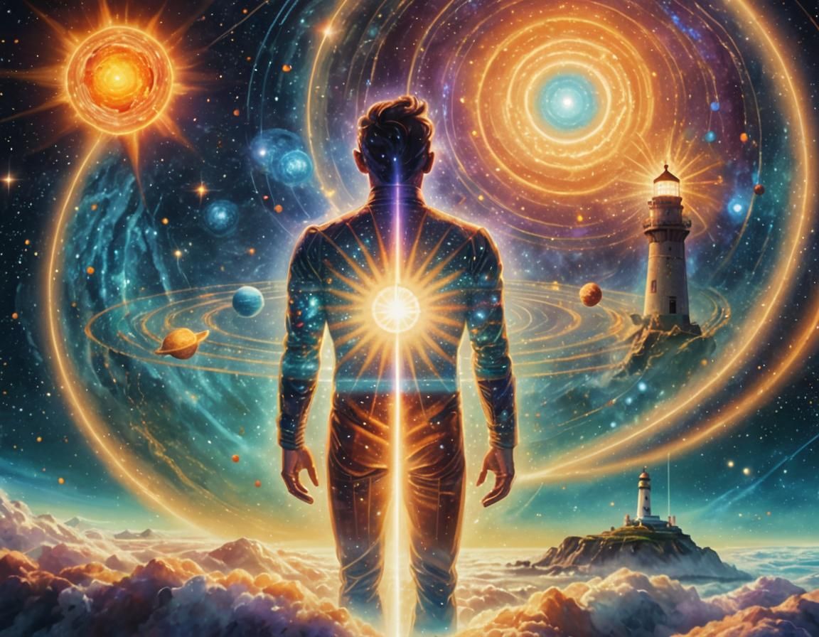 Cosmic Man in Solar System: Psychedelic Astral Illustration