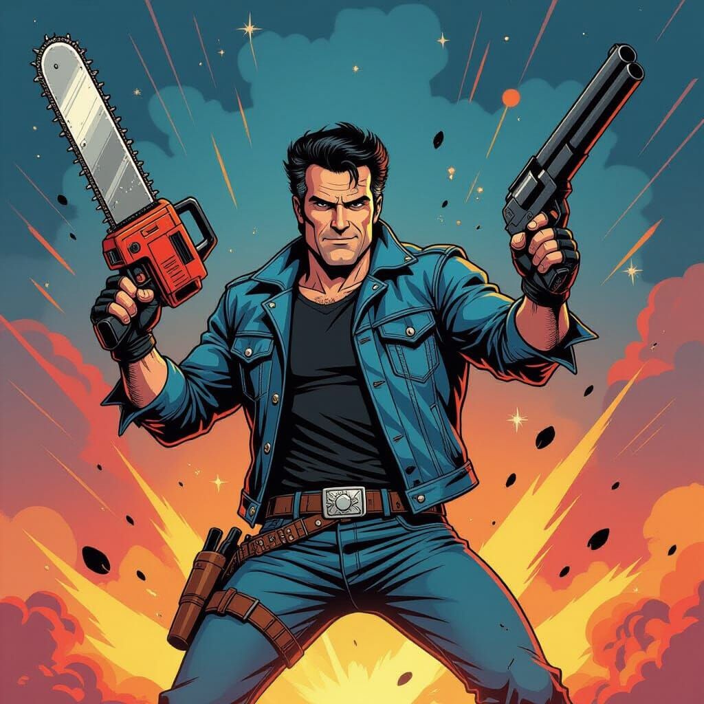Bruce Campbell Heroic Pose in Cosmic Retro Comic Style