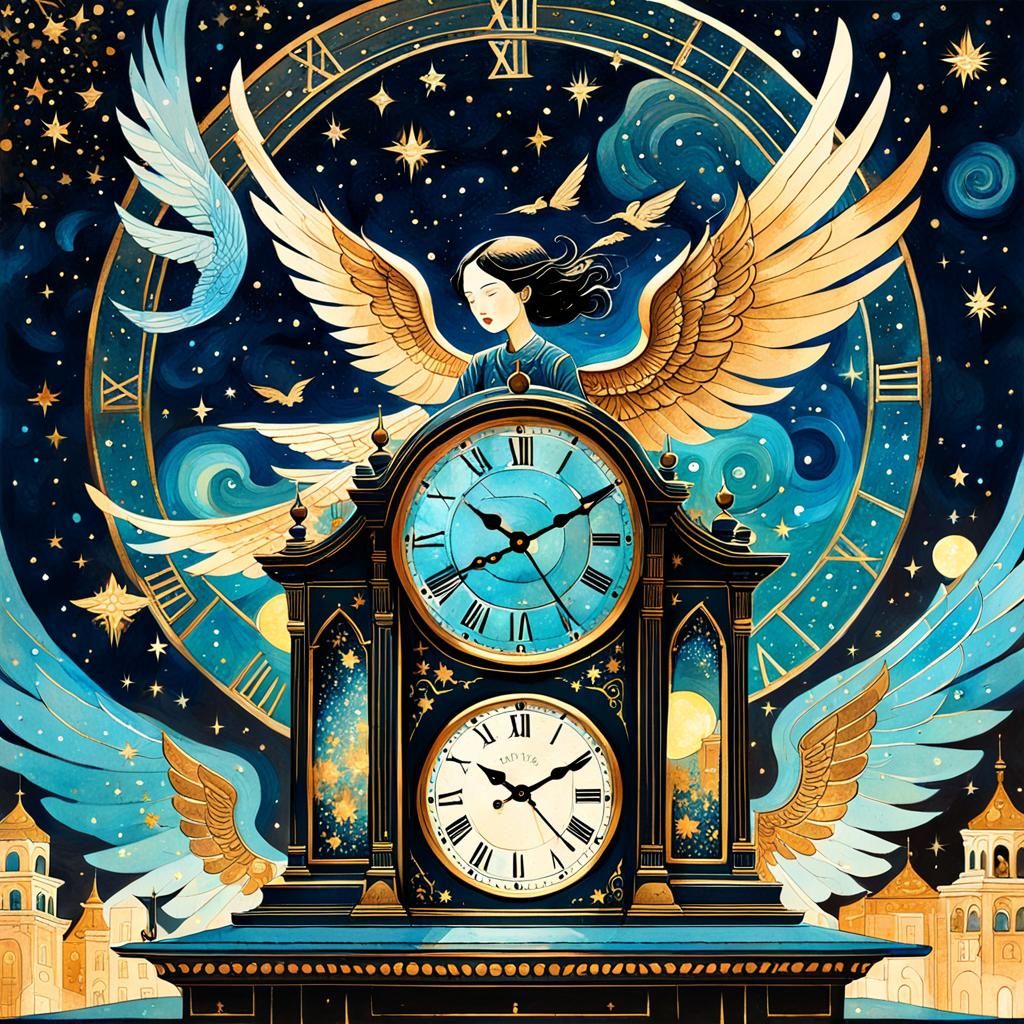 Clock with Golden Wings in Flight