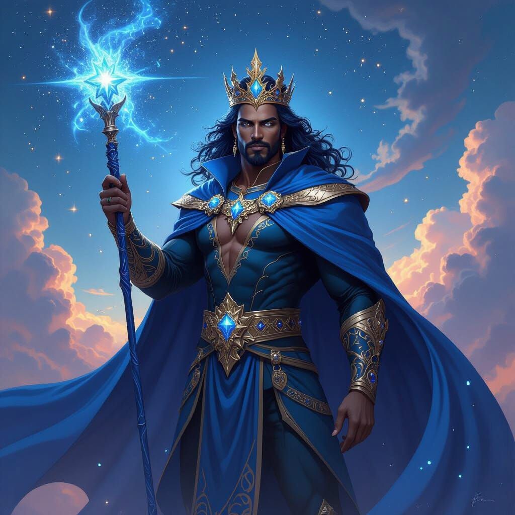 Brown Skinned King with Blue Cape and Wand in Starlit Sky