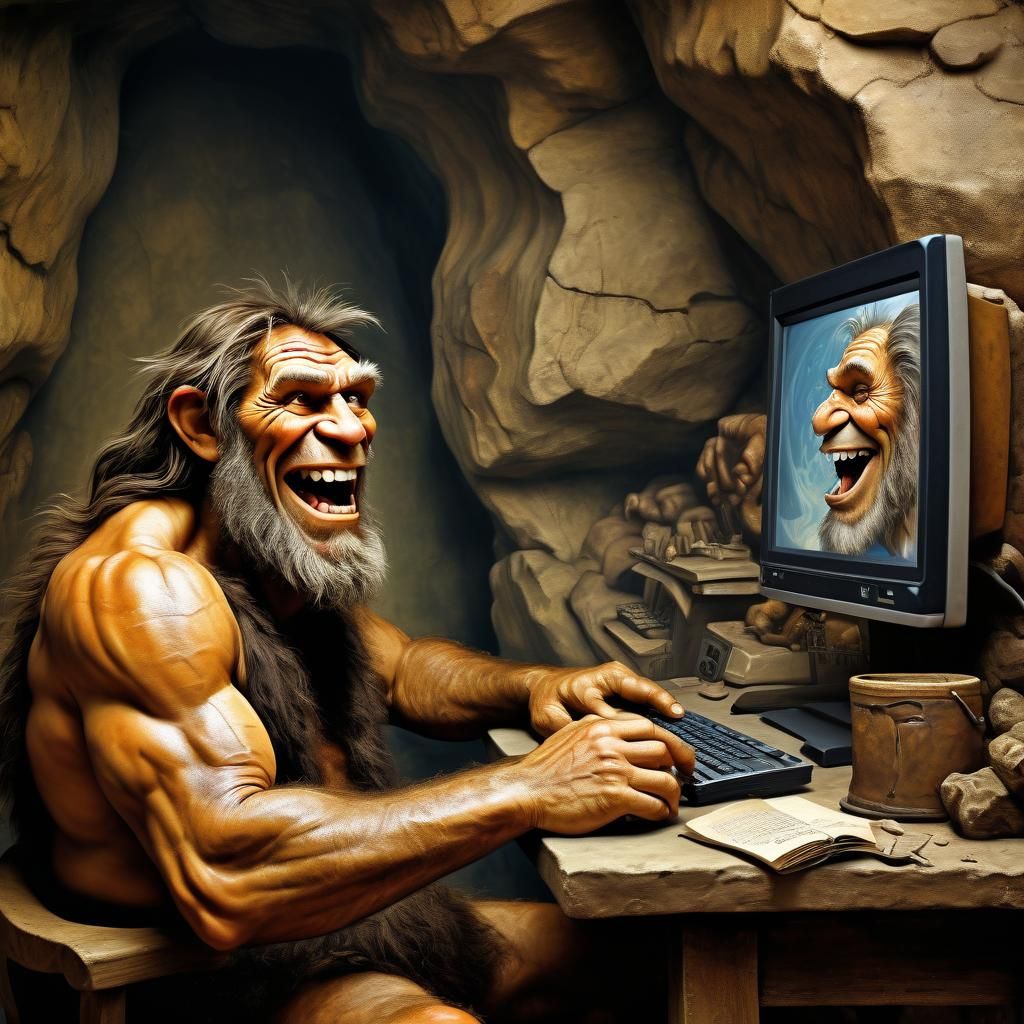Caveman Laughing at Cartoons: Renaissance Style Digital Art
