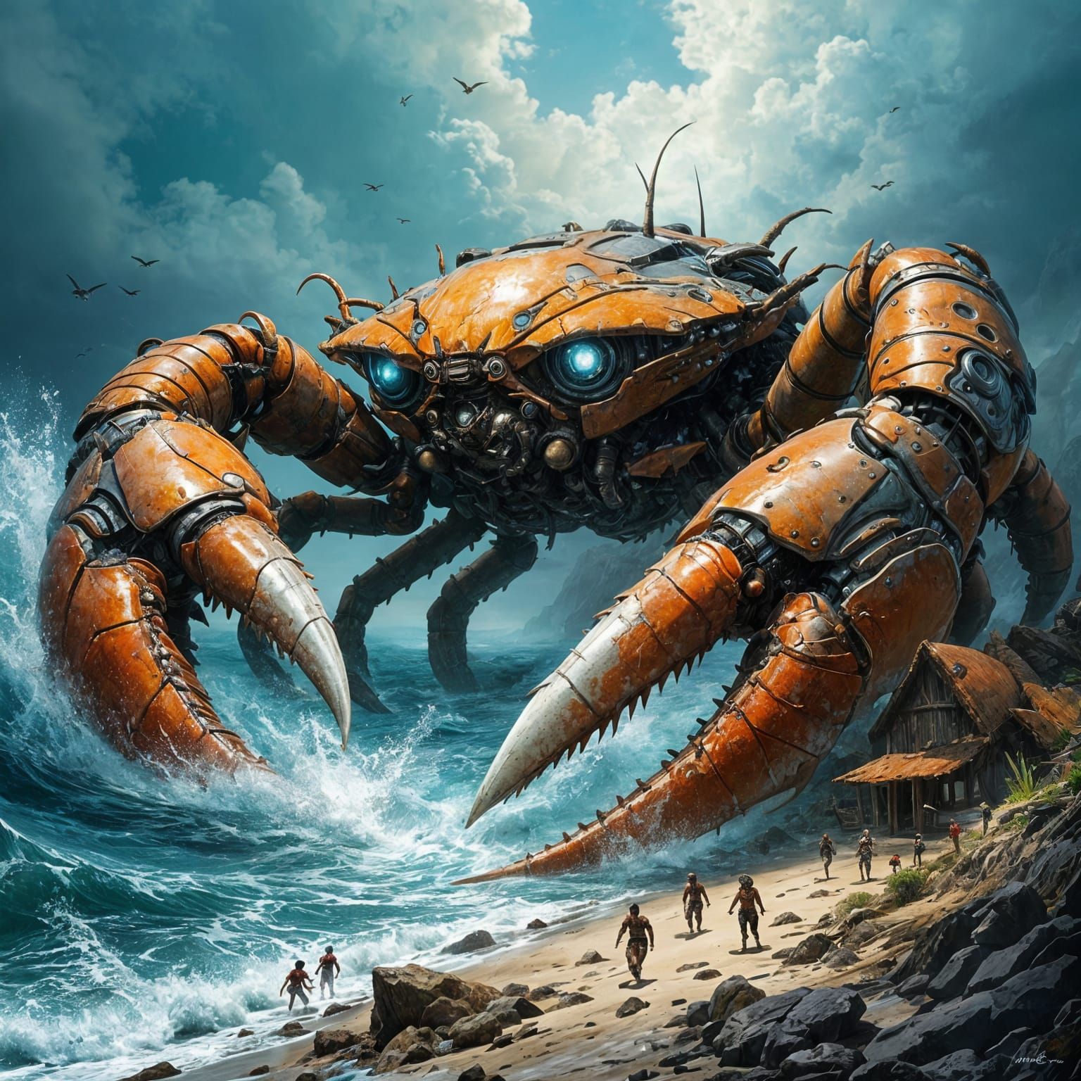Cyborg Crab Devastates Coastal Village in Dark Fantasy Art