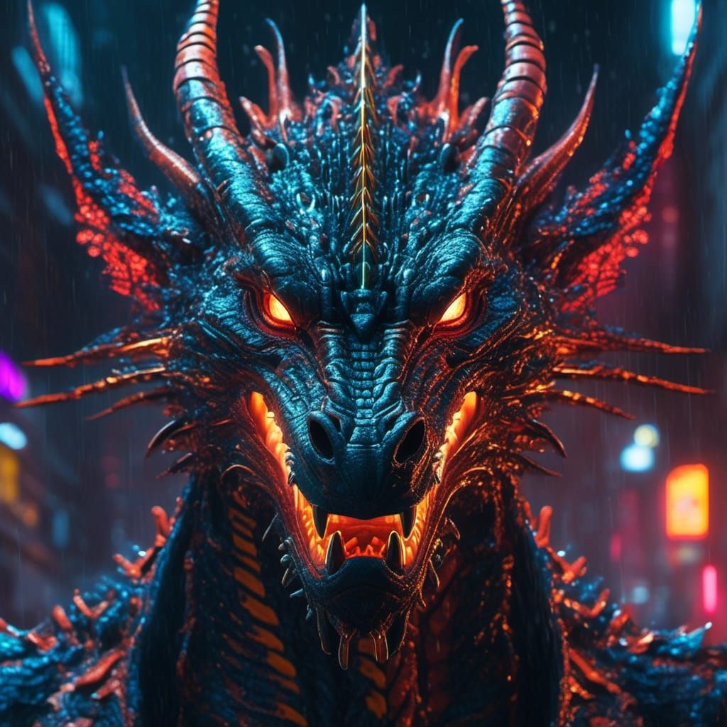 Cyberpunk Dragon Face Close-Up with Neon City