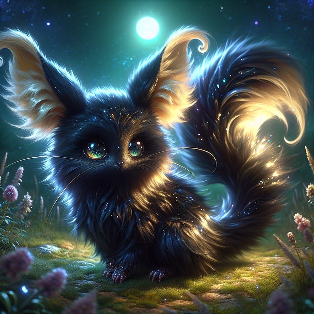 Enchanted Moonlit Fantasy Creature in Whimsical Nighttime Ha...