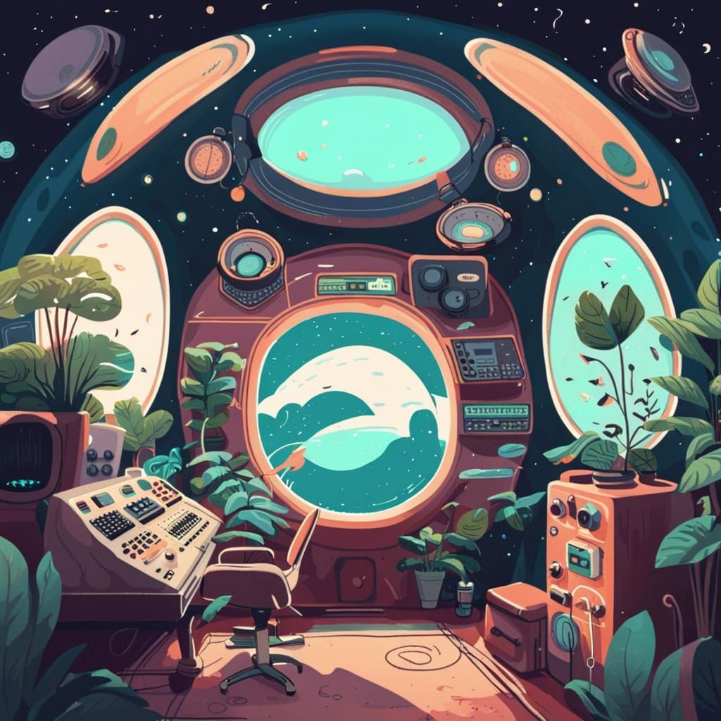 Lofi Spaceship Interior in Studio Ghibli Style