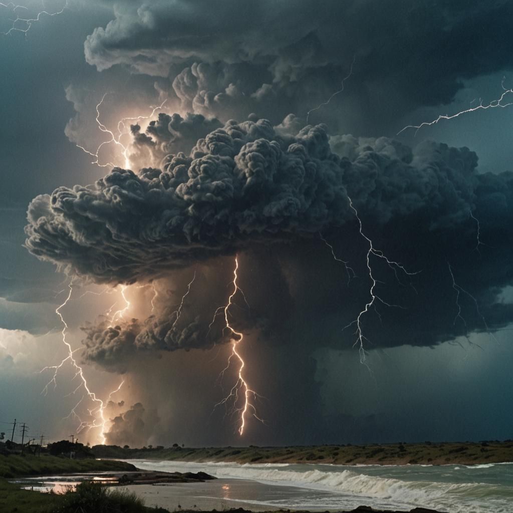 Dramatic Hurricane Rages with Lightning Strike