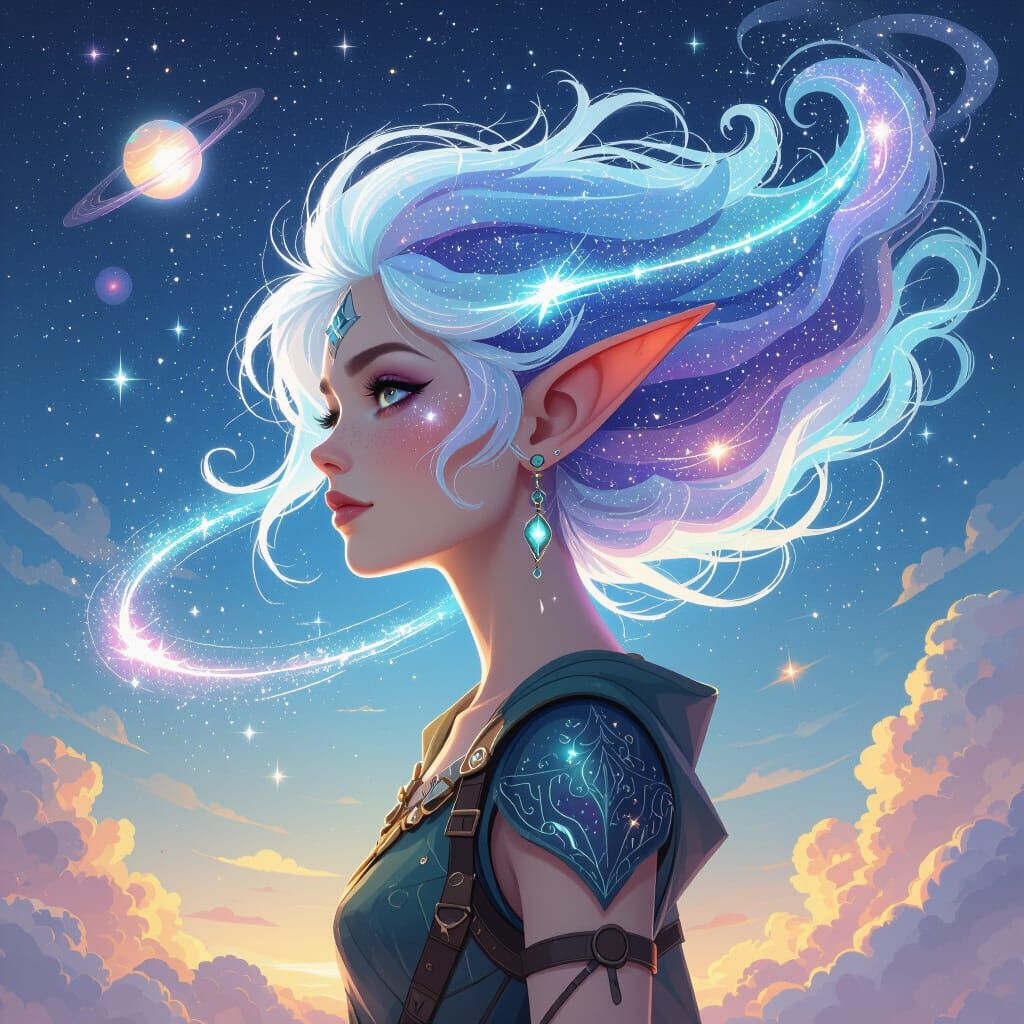 Fantasy Elf with Stardust Hair in Dreamy Galaxy