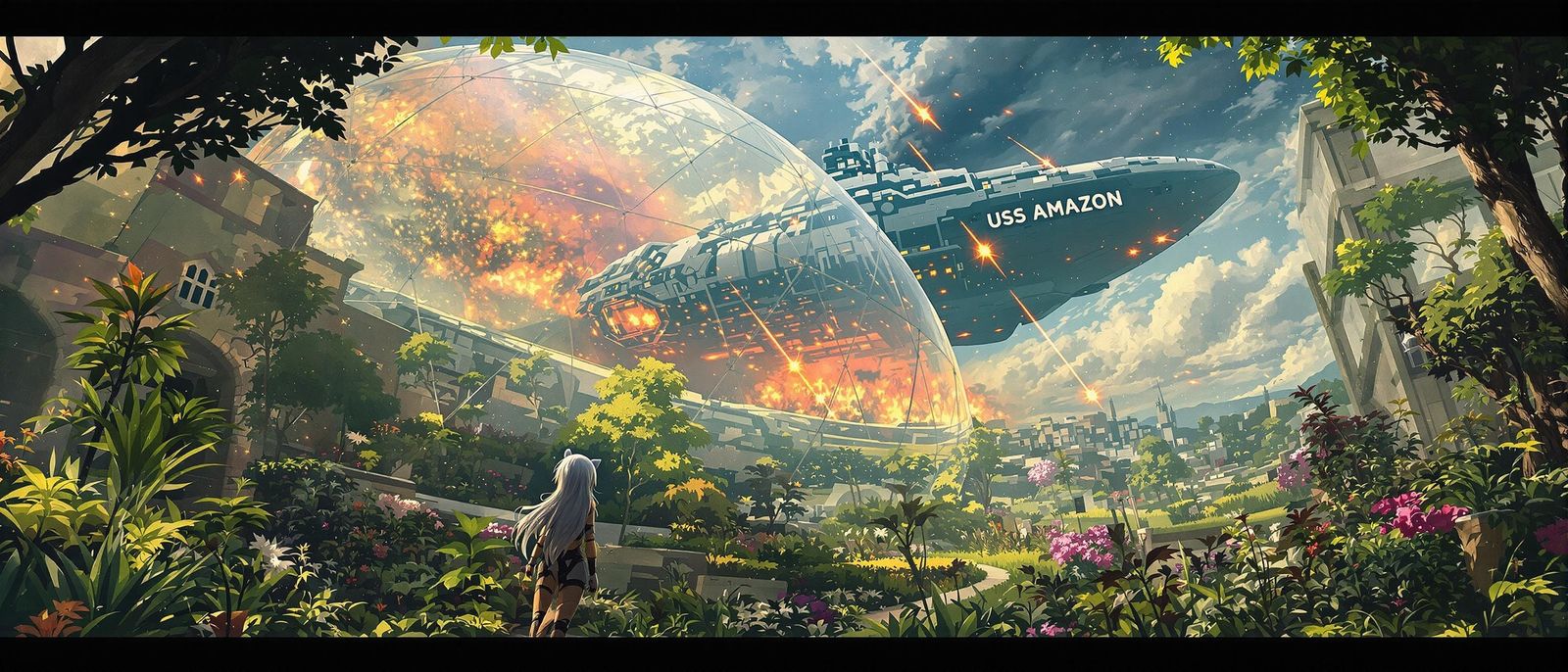 Cosmic Turmoil: Furry Tigress Towers Above Solarpunk Colony