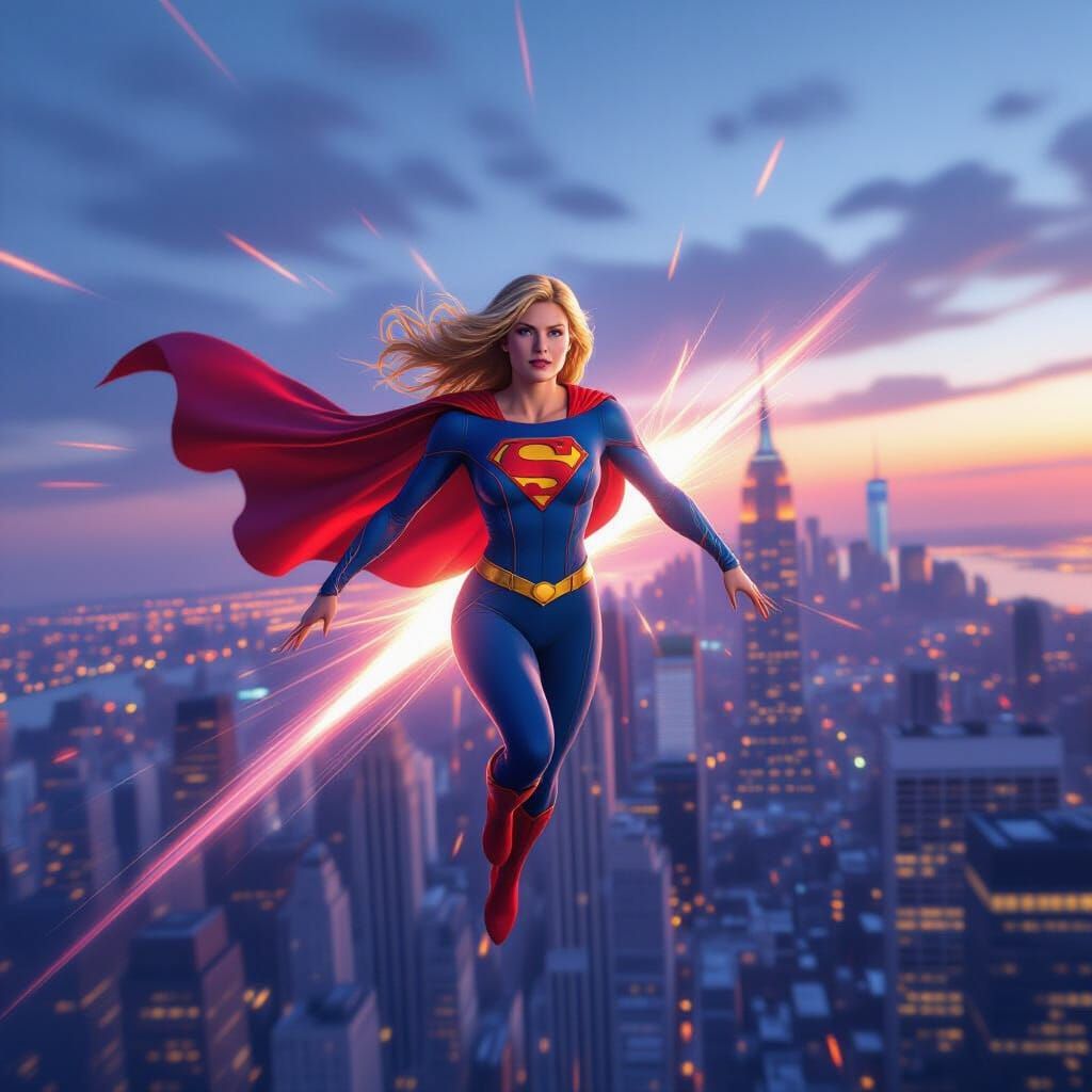 Supergirl Soars Above Blurred New York City Lights