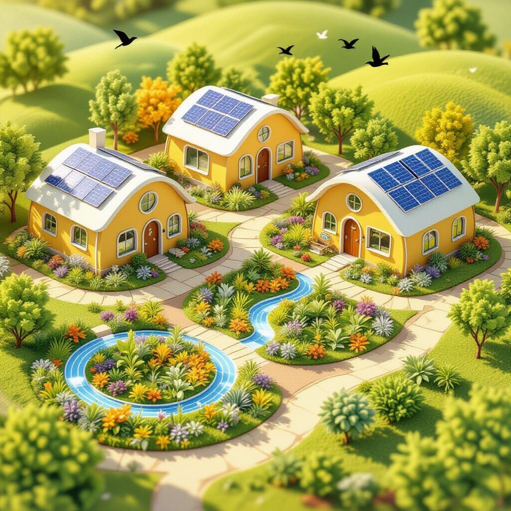 Isometric Eco-Farm with Solar Buildings: Digital Illustratio...