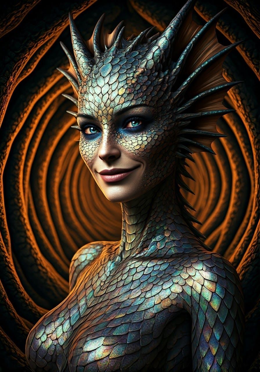 Mysterious Draconic Woman Beckons in Shimmering Scales