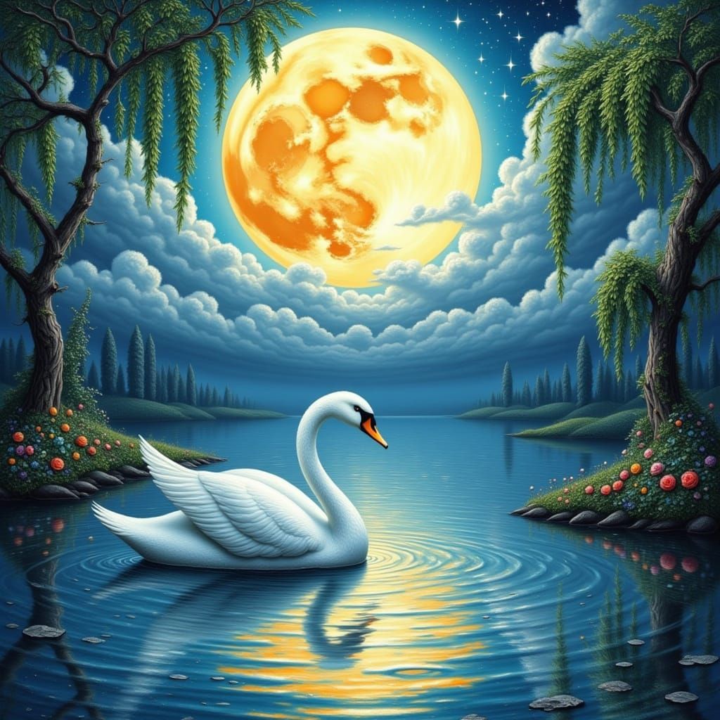 Swan Lake Under Moonlight: Whimsical Oil Painting