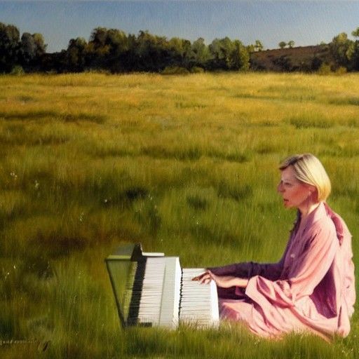 Cate Blanchett playing piano in a field