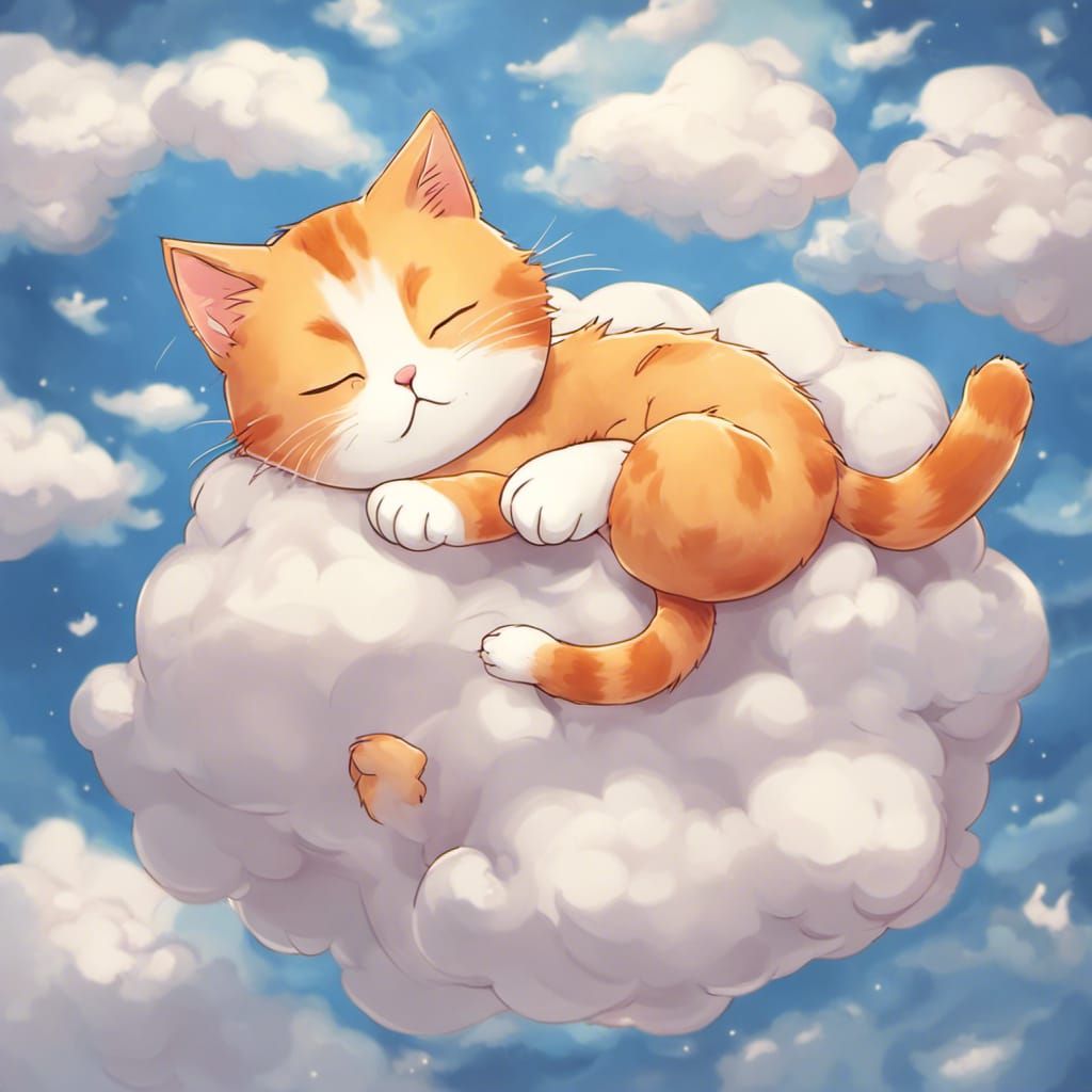 Cute Anime Ginger Cat in a Dreamy Cloud