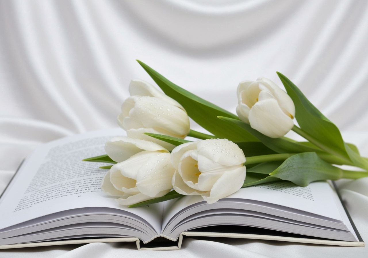 White Tulips with Dew on Open Book