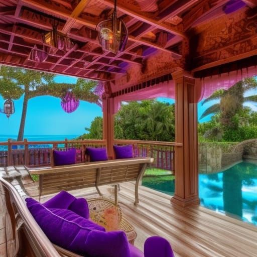 Purple Gothic beach house above water& Beautiful porch with a pool& gothic porch furniture& purple lights& Beautiful vib...