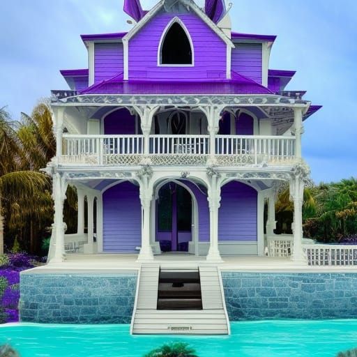 Purple Gothic beach house above water& Beautiful porch with a pool& gothic porch furniture& purple lights& Beautiful vib...