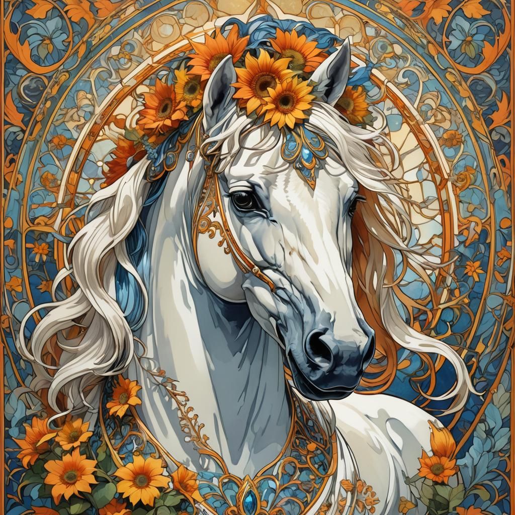 Majestic White Horse in Art Nouveau Style