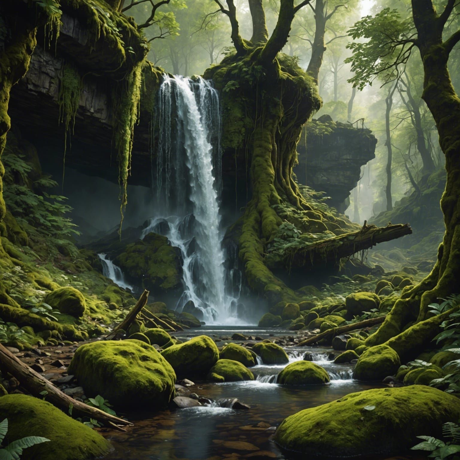 Lush Forest Waterfall Matte Painting in Unreal Engine