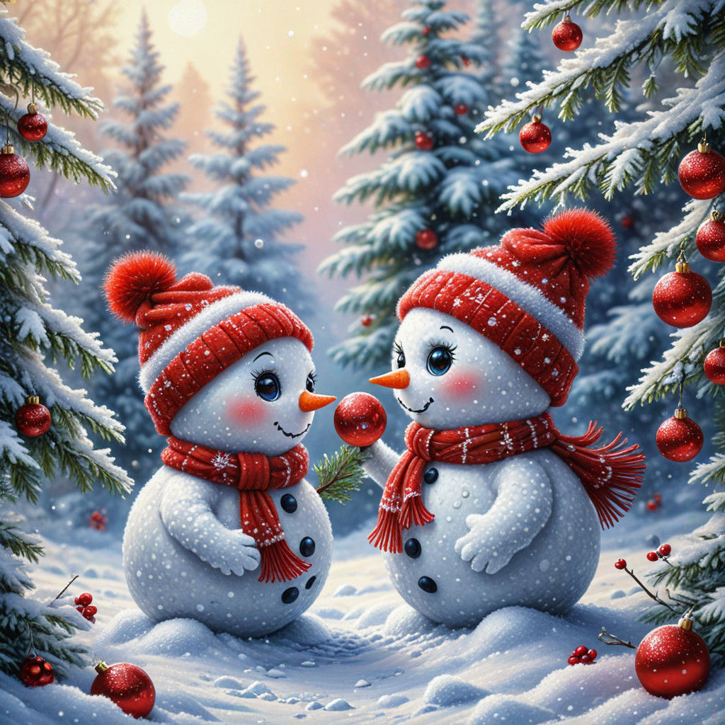 Cute Cartoon Snowmen in Winter Wonderland