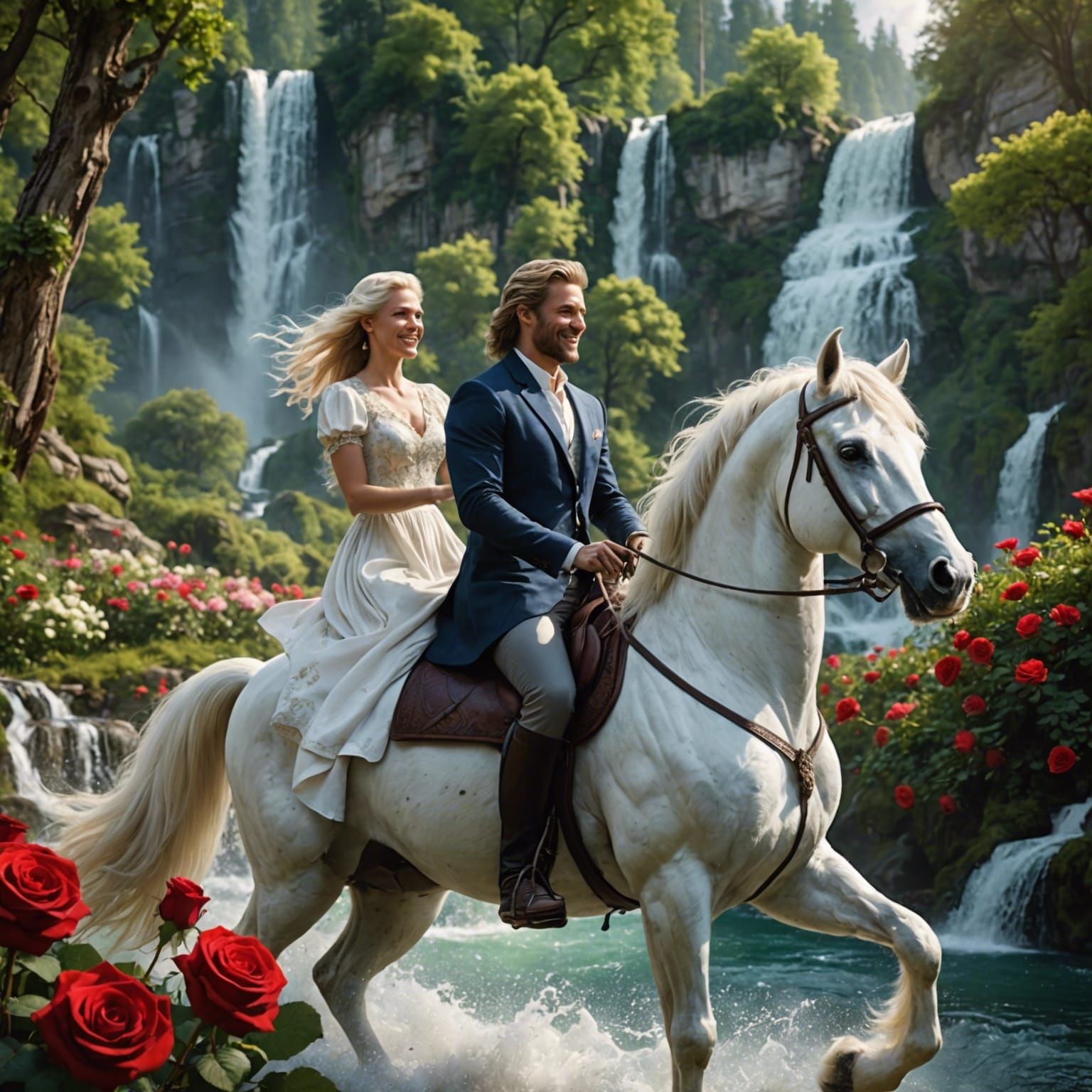 Couple on White Stallion in Enchanted Forest