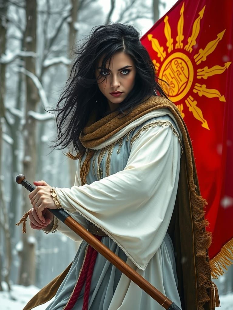 Macedonian Woman Warrior in Winter Forest