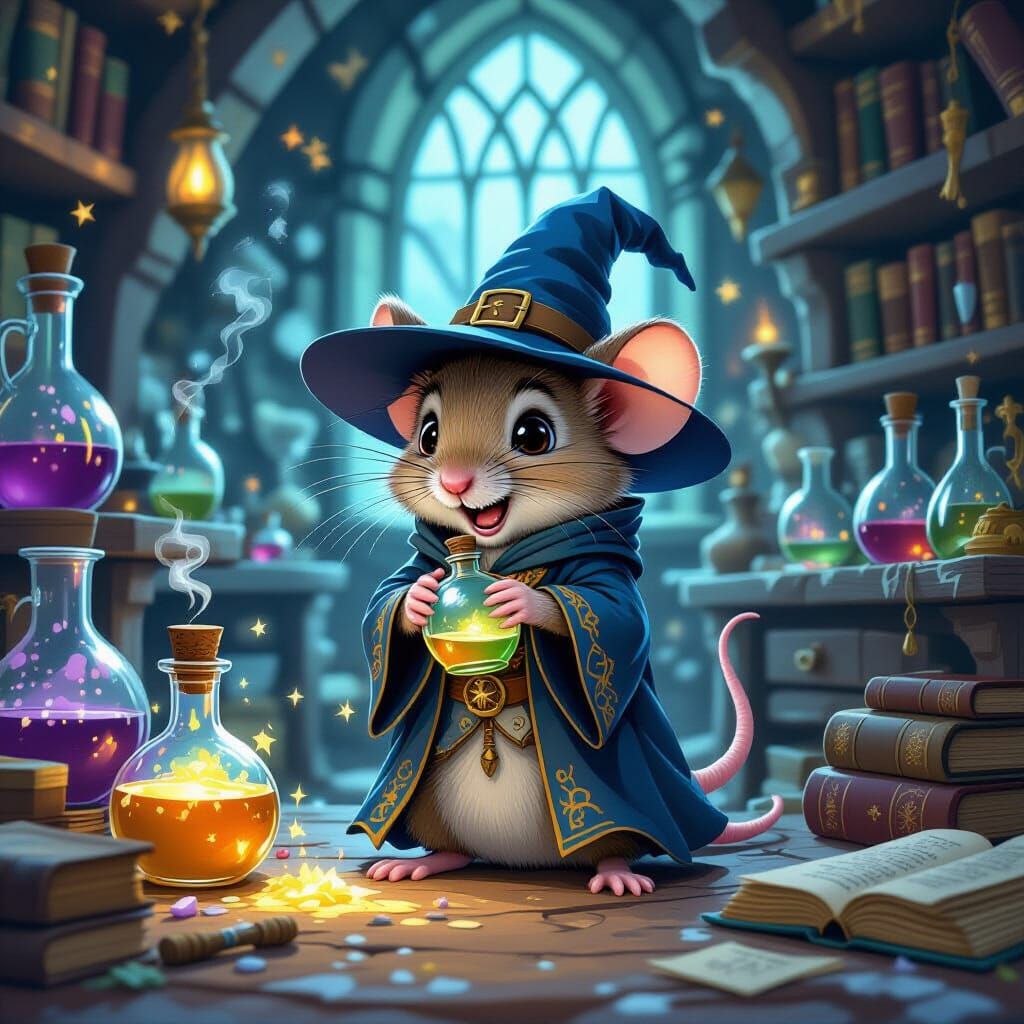 Shocked Mouse Wizard in Cluttered Lab