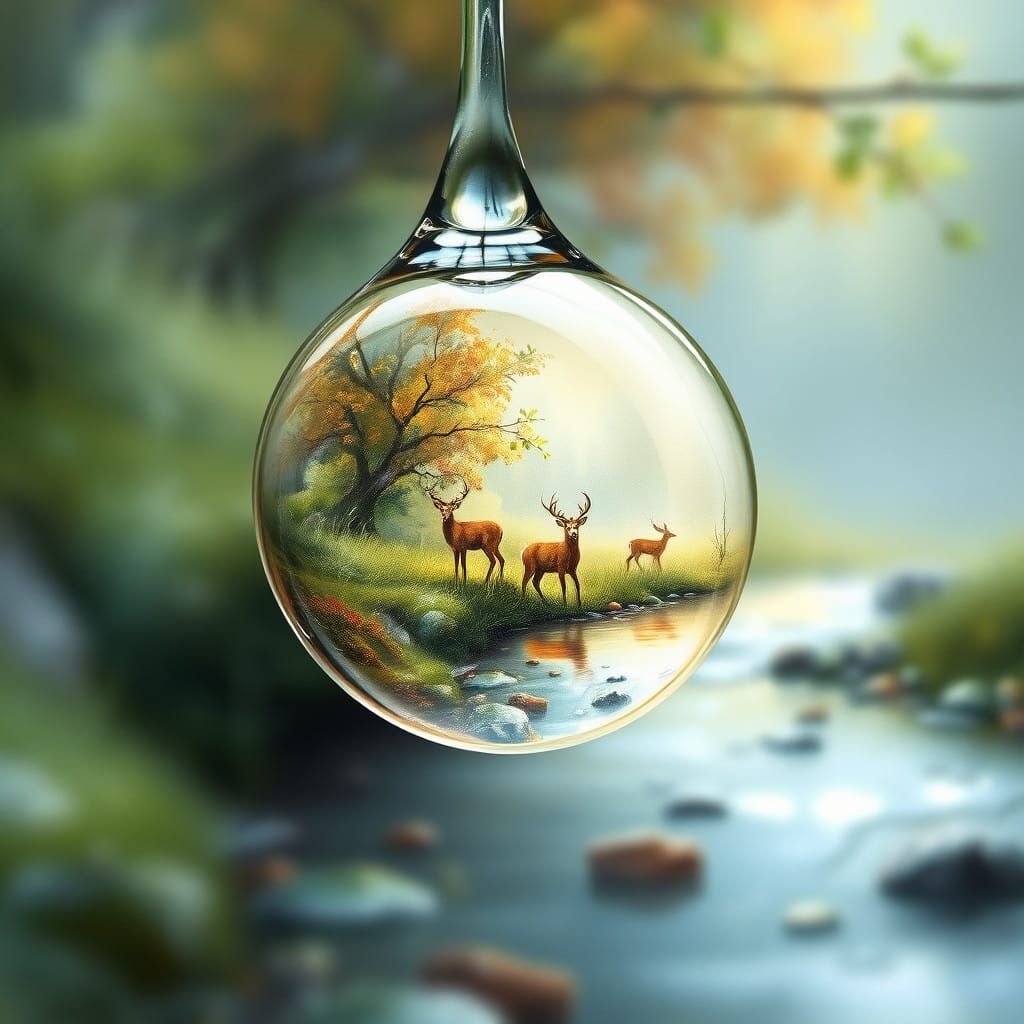 Enchanted Raindrop Scene in Dreamlike Realism