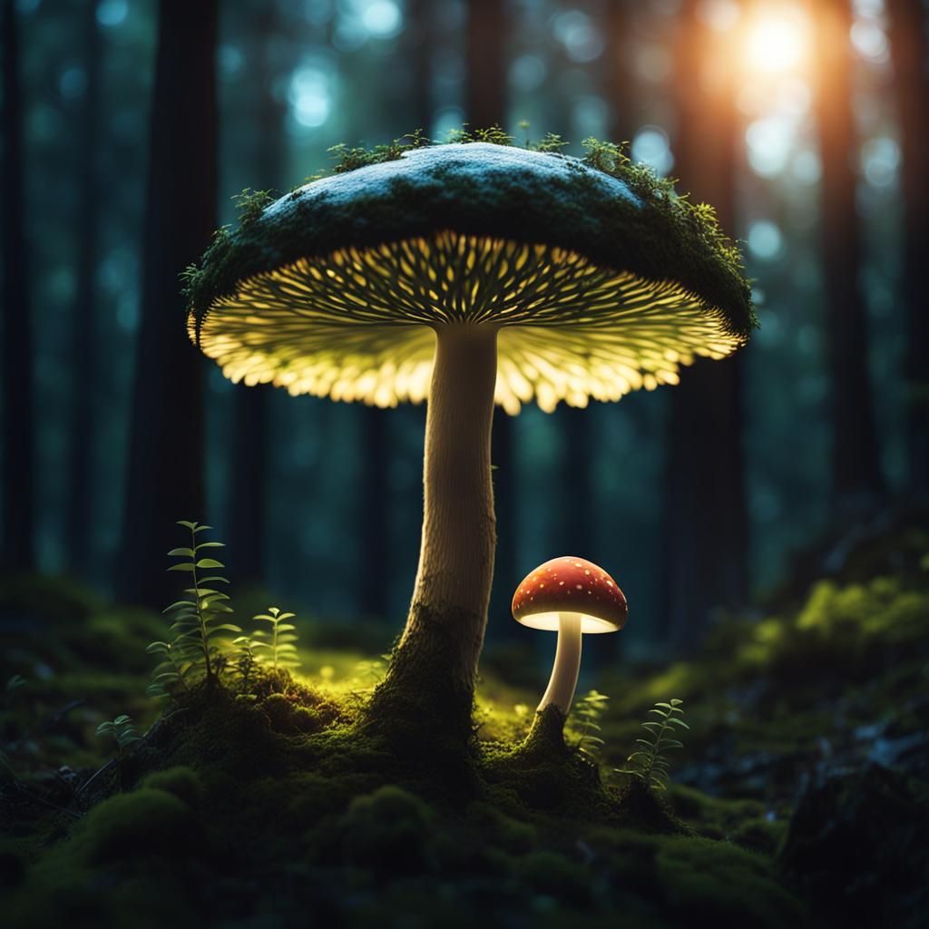 Luminous Mushroom in Dark Forest: Photorealistic Fantasy
